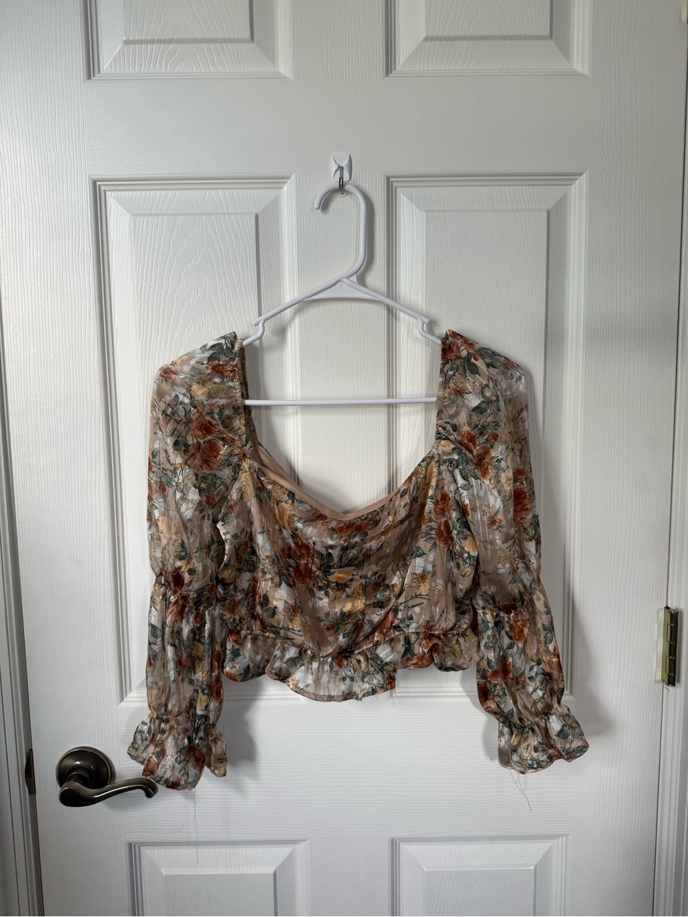 Sheer Floral Peasant Blouse - Beige Floral